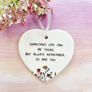 Encouragement ceramic heart keepsake gift with inspirational quote and floral design