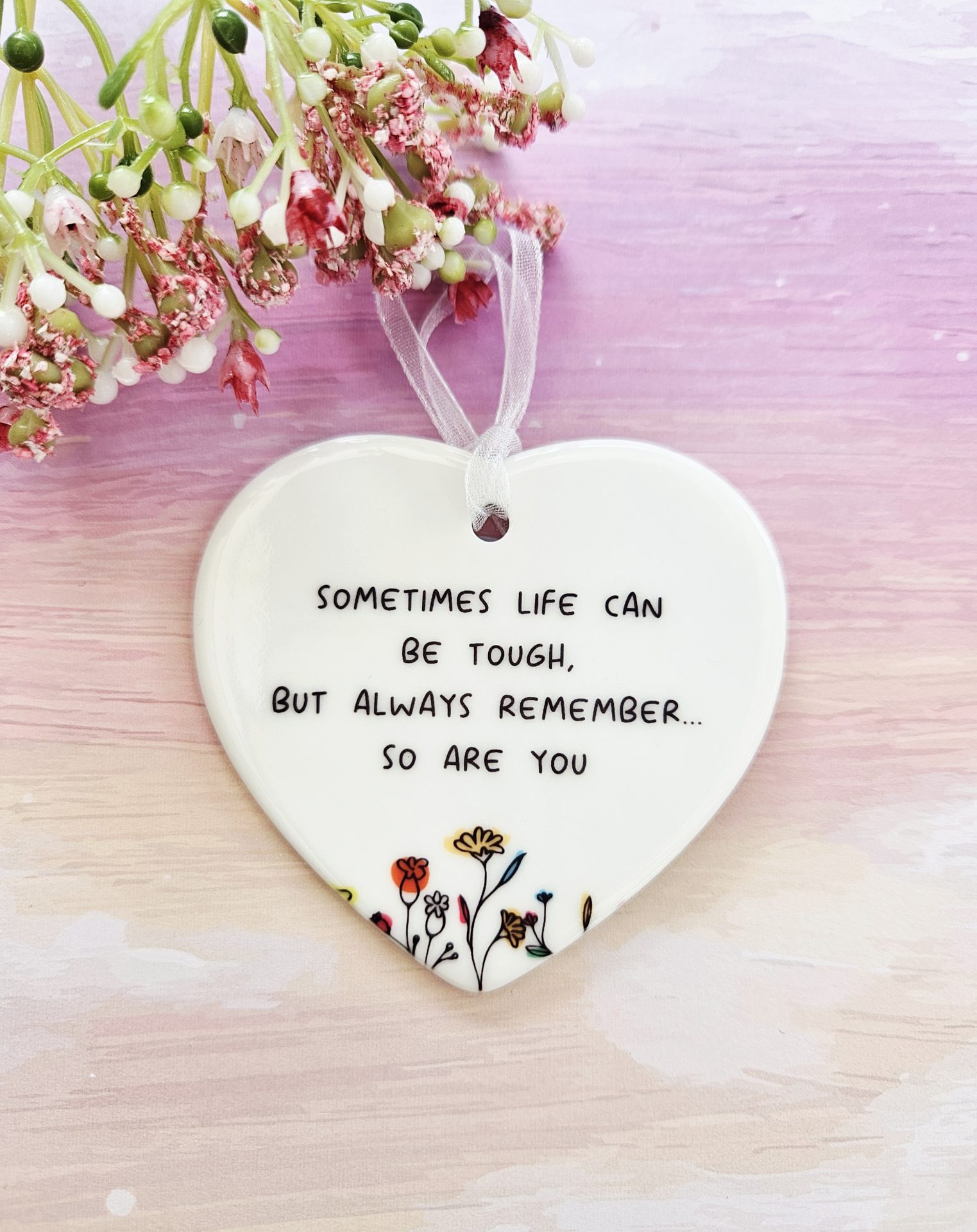 Encouragement ceramic heart keepsake gift with inspirational quote and floral design