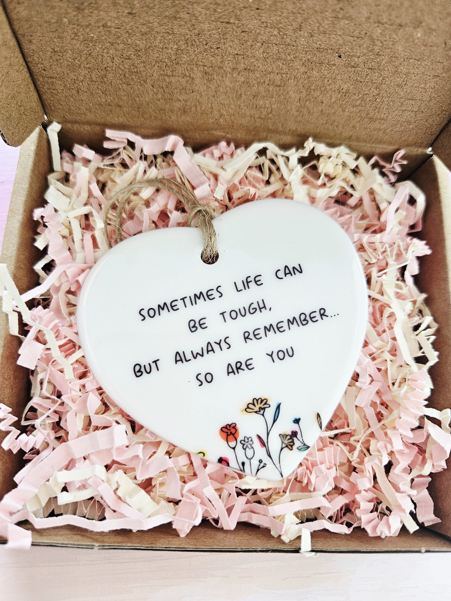 Handmade ceramic heart ornament with positive quote and gift box packaging