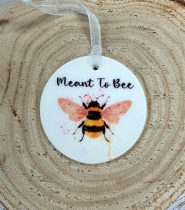 Bee ceramic keepsake with Meant To Bee wording and watercolour bumblebee design