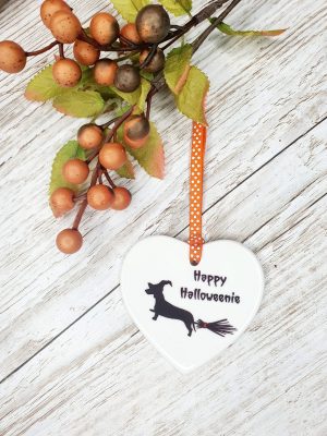 Dachshund on a Broomstick Ceramic Heart – Halloween Gift for Dog Lovers, Gift Boxed Keepsake
