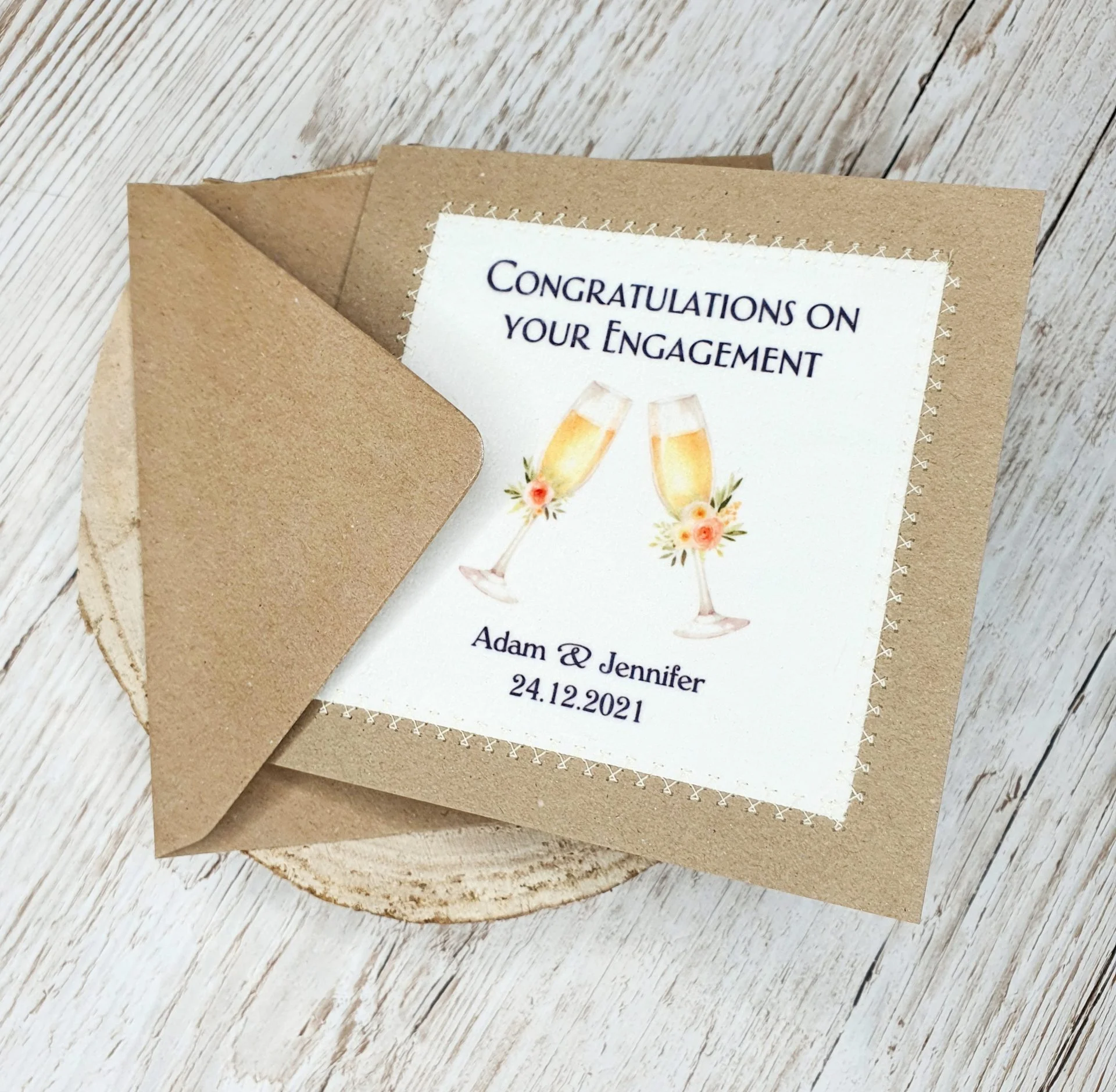 Personalised engagement card with suede feel fabric and custom names on 6x6 card