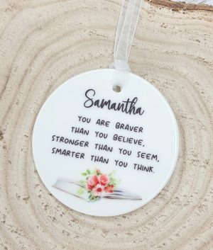 Personalised encouragement ceramic heart ornament with inspirational quote and ribbon