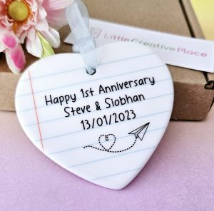 1st anniversary gift personalised ceramic heart with names and date