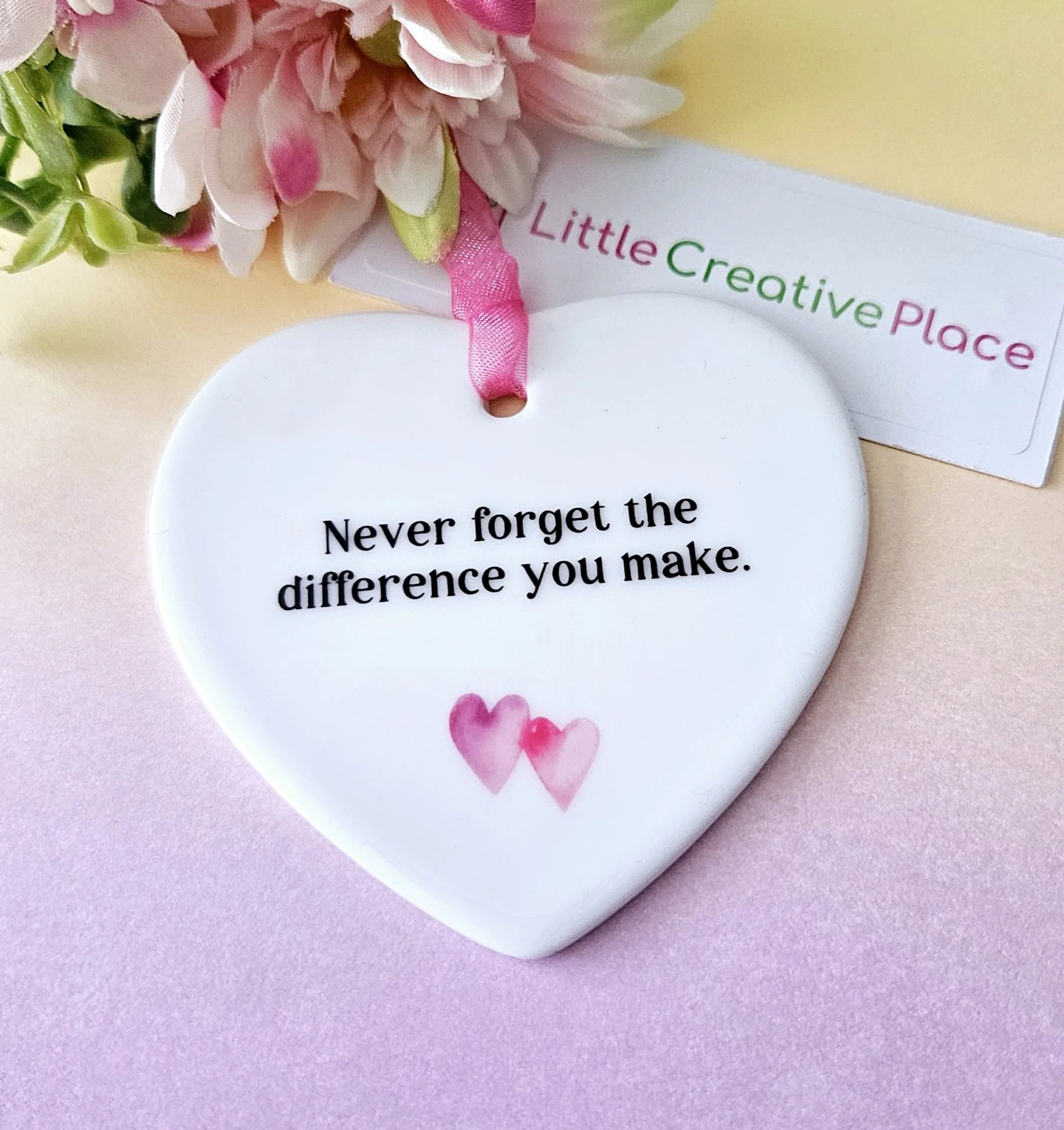 Thank you gift for teacher featuring never forget the difference you make message, handmade ceramic heart keepsake in gift box