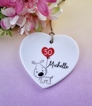 Personalised 50th Birthday Ceramic Heart Keepsake – Handmade Gift Boxed Ornament for Her, Mum, Wife, Best Friend or Dog Lover