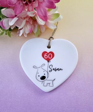 Personalized 60th Birthday Keepsake: Ceramic Heart with Name, Dog Lover Gift, Ready-to-Gift Box