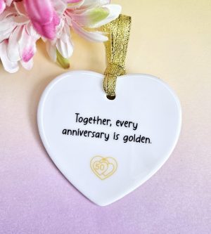 Handmade Golden Wedding Anniversary Gift – Personalised 50th Anniversary Ceramic Heart Keepsake Ornament