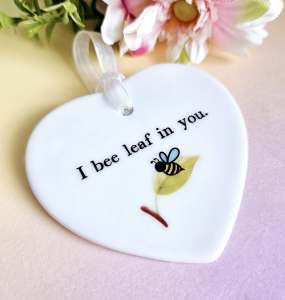 Bee encouragement ceramic heart with white organza ribbon hanging loop