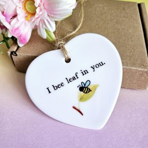 Bee encouragement ceramic heart with natural twine hanging loop