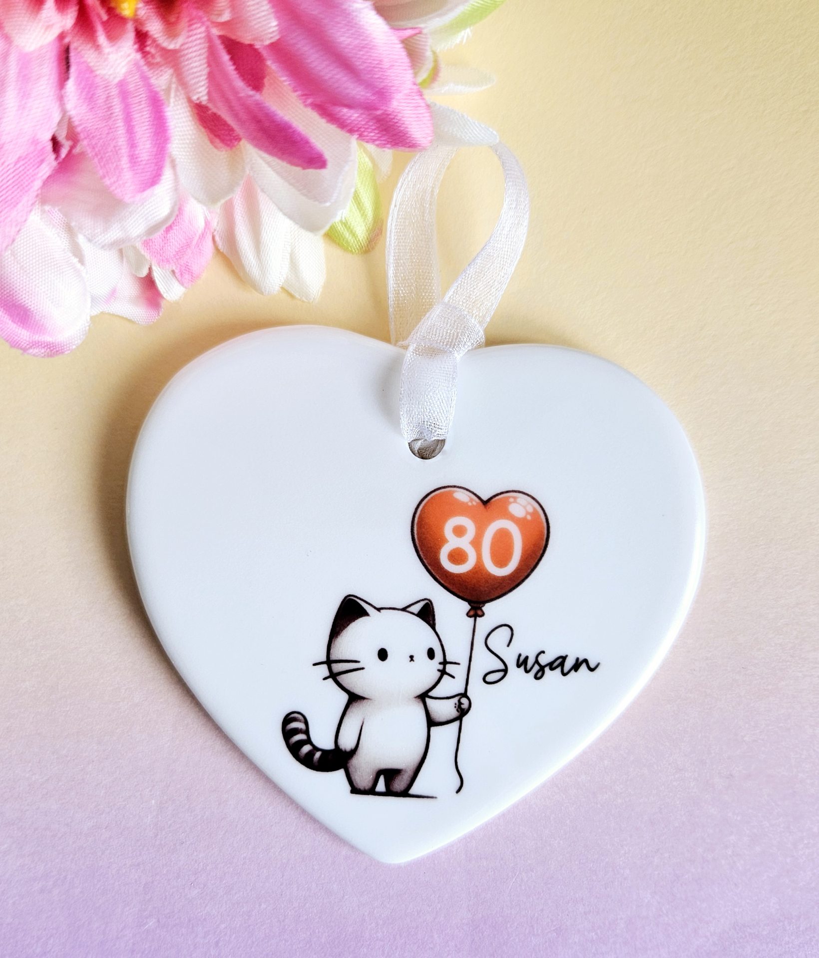 Personalised 80th Birthday Gift for Her: Heart-Shaped Ceramic Keepsake with Cat, Gift Box