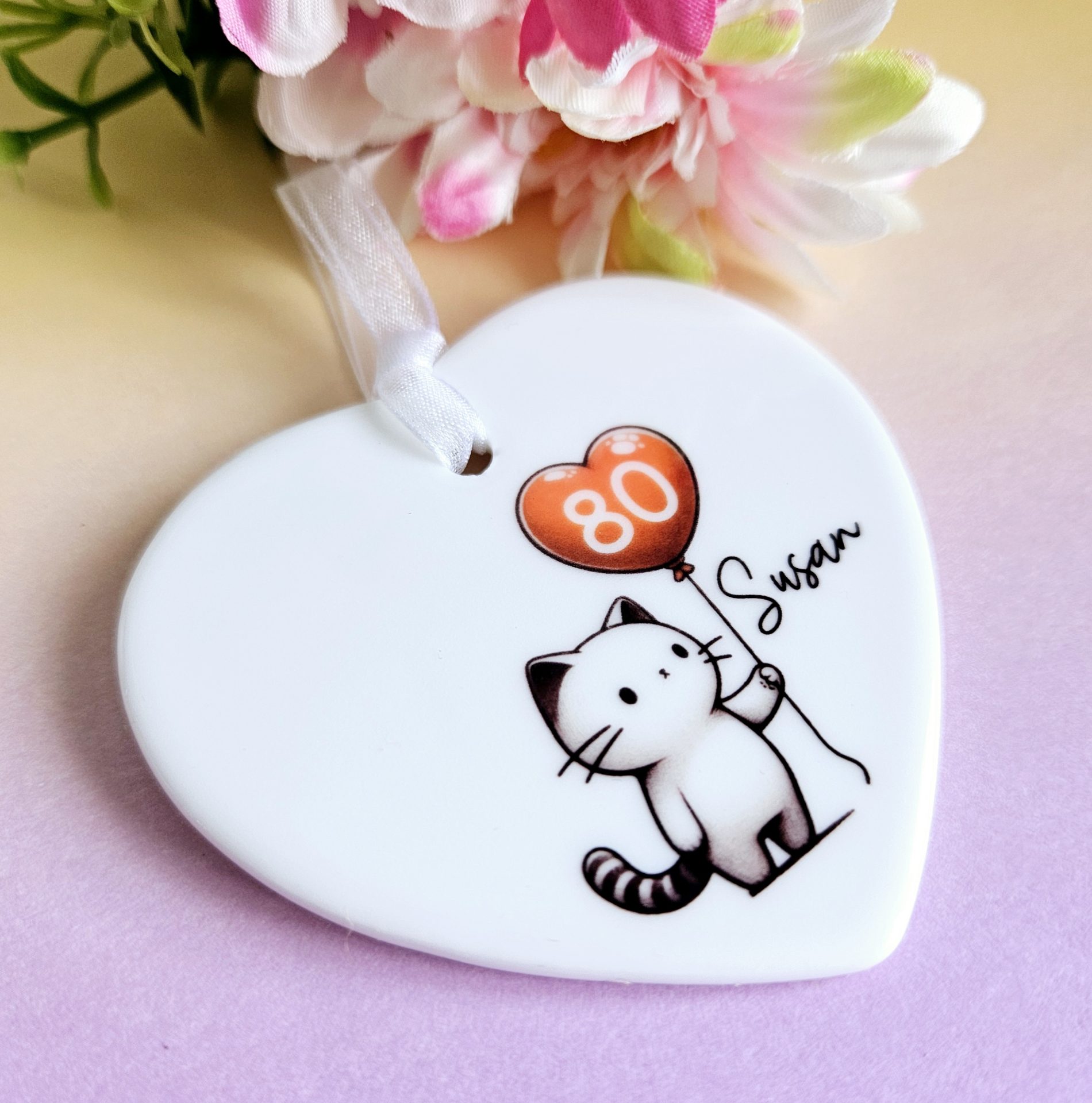 Personalised 80th Birthday Gift for Her: Heart-Shaped Ceramic Keepsake with Cat, Gift Box - Image 2