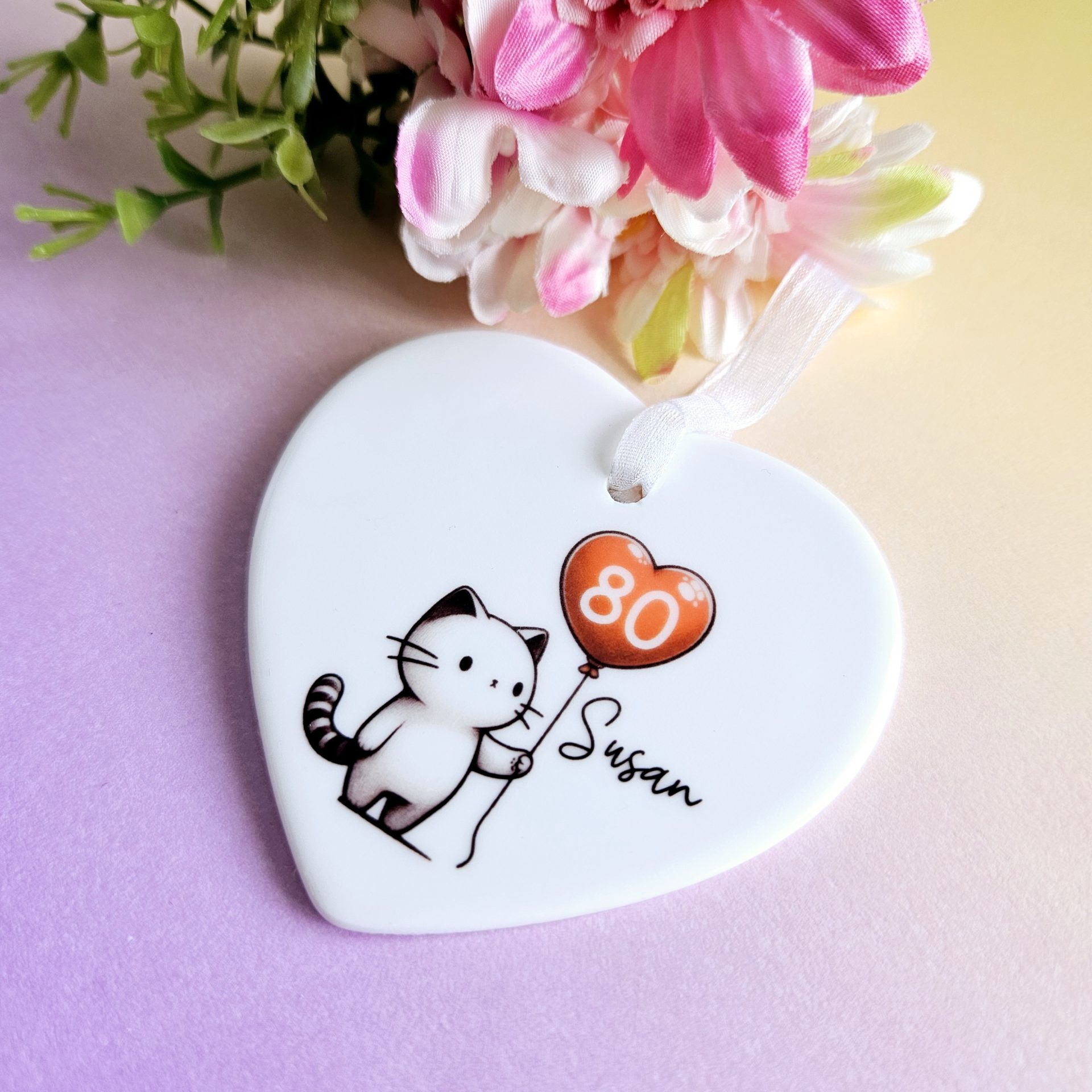 Personalised 80th Birthday Gift for Her: Heart-Shaped Ceramic Keepsake with Cat, Gift Box - Image 3