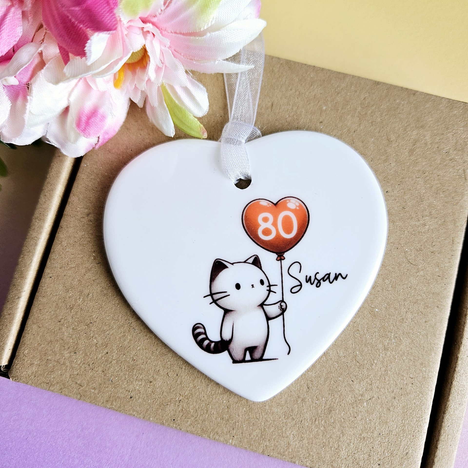 Personalised 80th Birthday Gift for Her: Heart-Shaped Ceramic Keepsake with Cat, Gift Box - Image 4