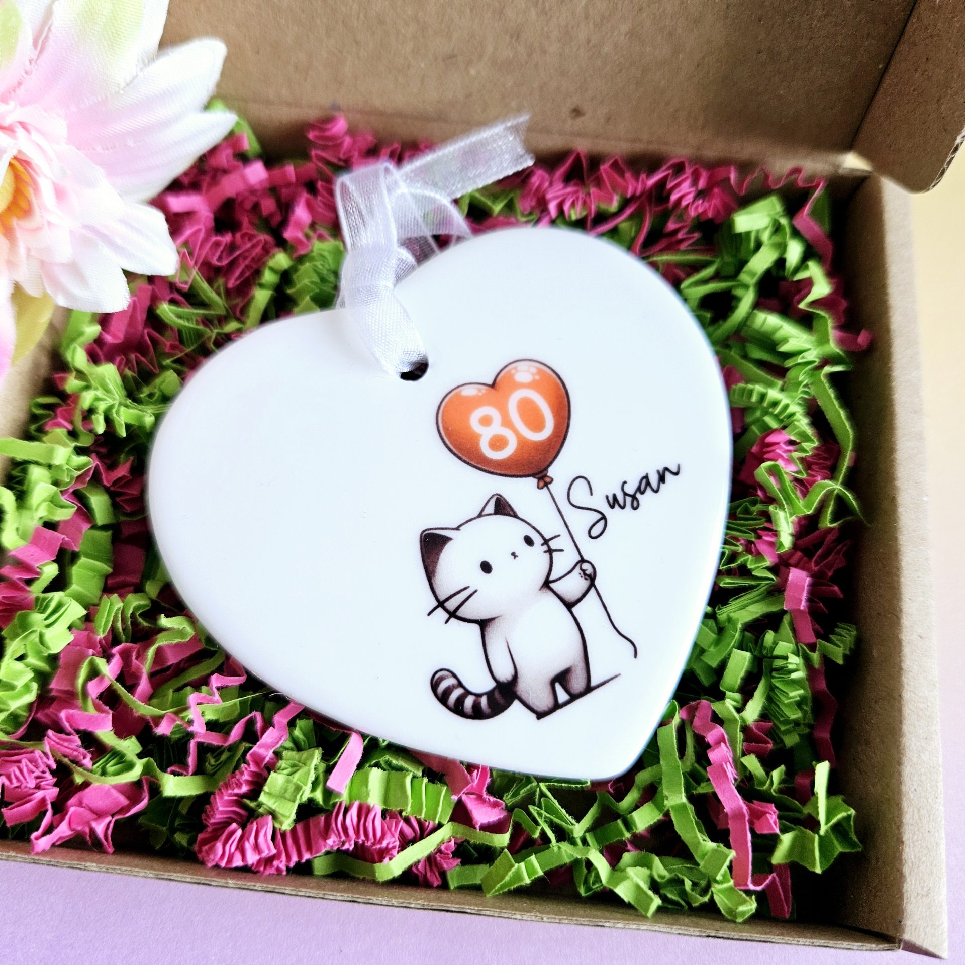 Personalised 80th Birthday Gift for Her: Heart-Shaped Ceramic Keepsake with Cat, Gift Box - Image 6