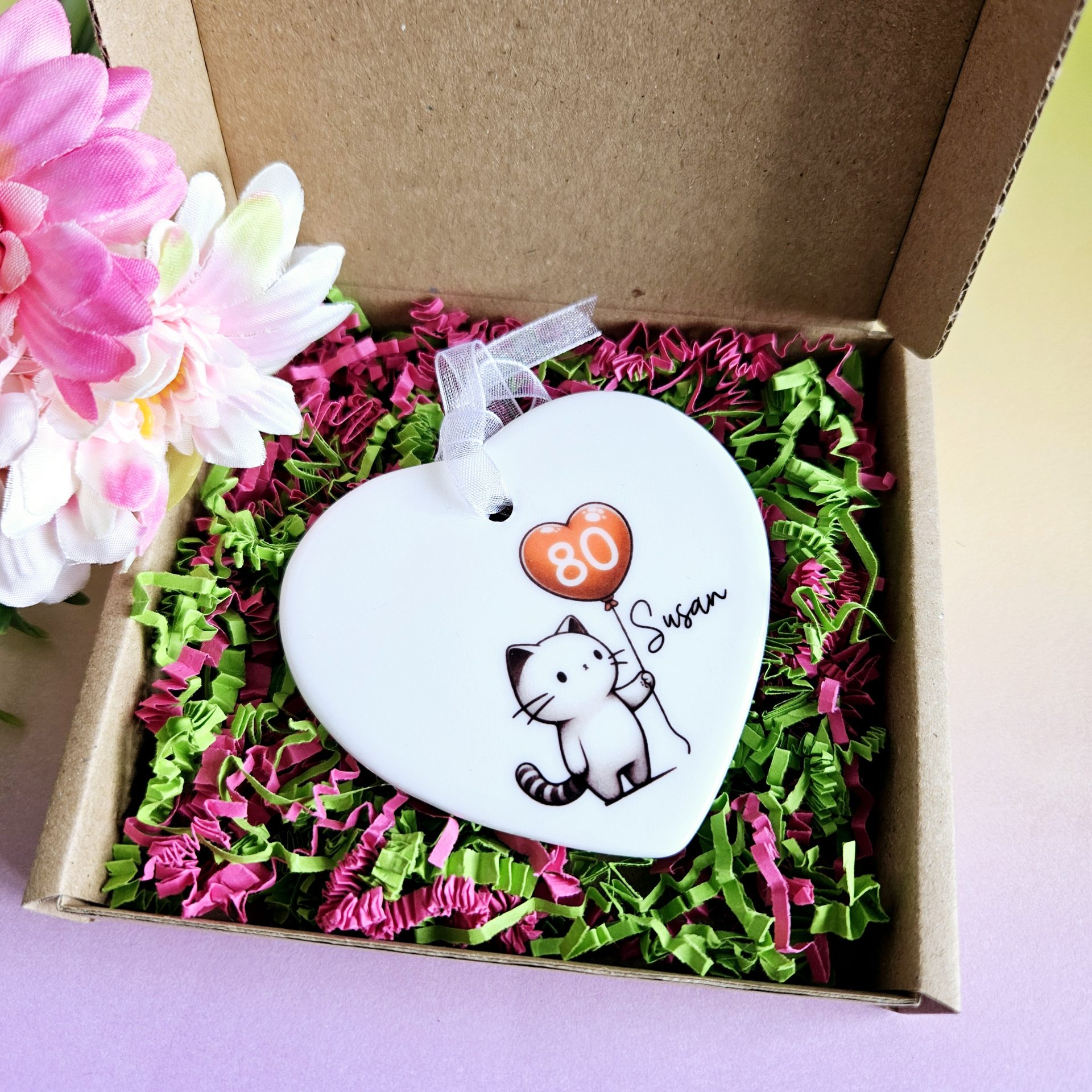 Personalised 80th Birthday Gift for Her: Heart-Shaped Ceramic Keepsake with Cat, Gift Box - Image 7