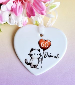 Personalised 60th Birthday Gift for Her – Cat Ceramic Heart Keepsake, Milestone Birthday Present, Cat Lover Gift