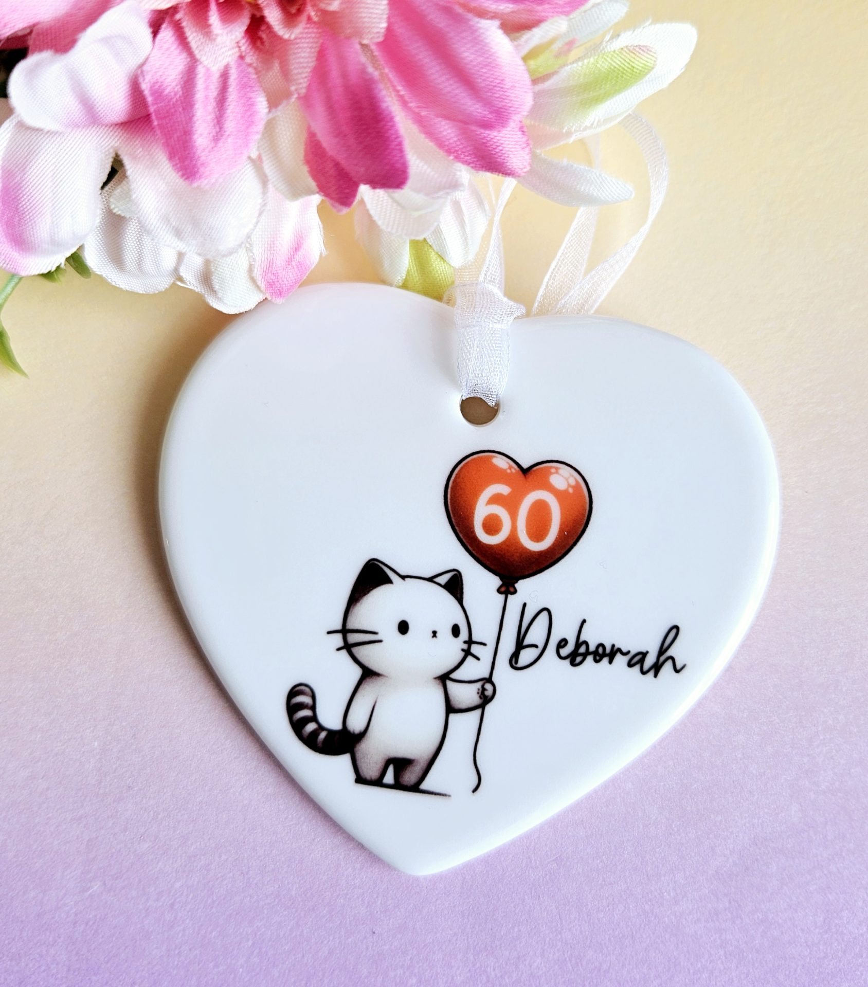 Personalised 60th Birthday Gift for Her – Cat Ceramic Heart Keepsake, Milestone Birthday Present, Cat Lover Gift