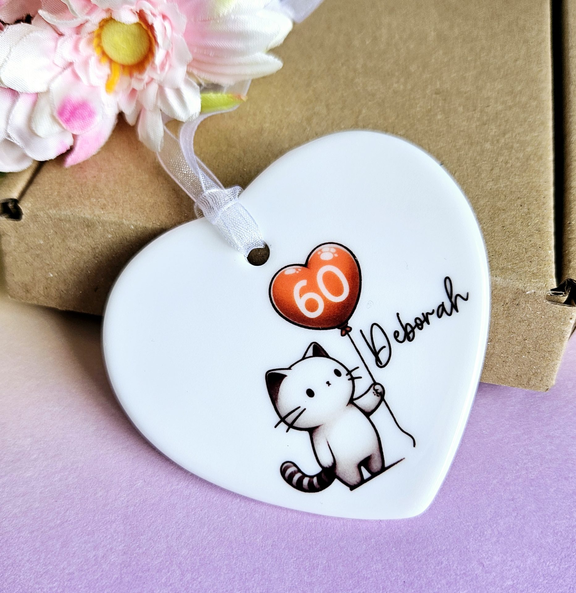 Personalised 60th Birthday Gift for Her – Cat Ceramic Heart Keepsake, Milestone Birthday Present, Cat Lover Gift - Image 4