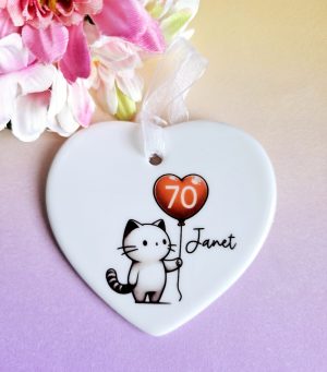 70th Birthday Gift for Her — Personalized Ceramic Heart Keepsake with Cat Holding Balloon, Handmade, Gift Box Ready