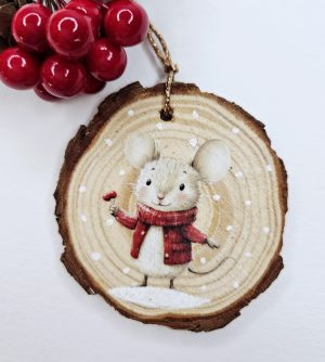 Wooden Christmas Wood Slice Mouse Ornament