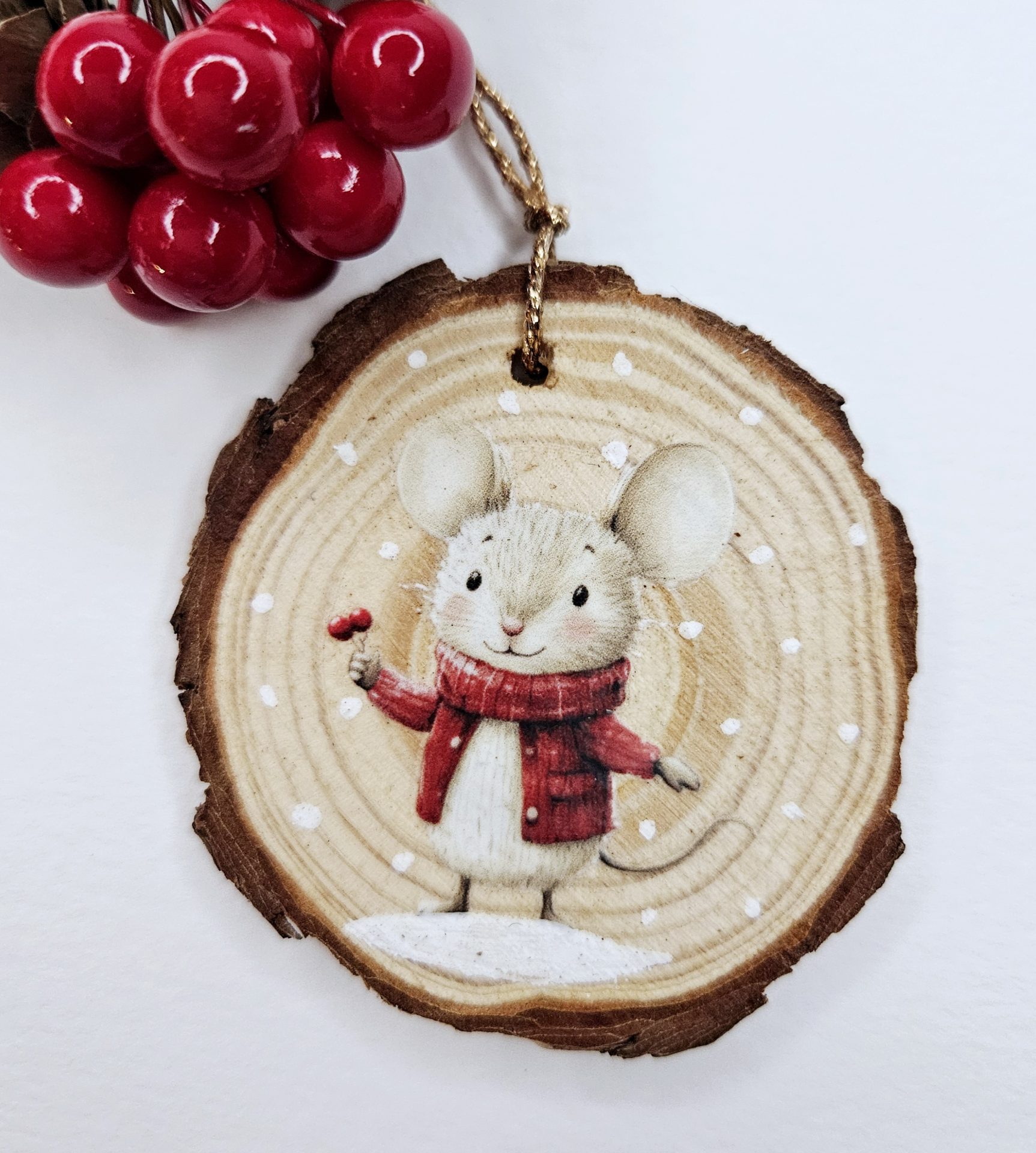 Wooden Christmas Wood Slice Mouse Ornament