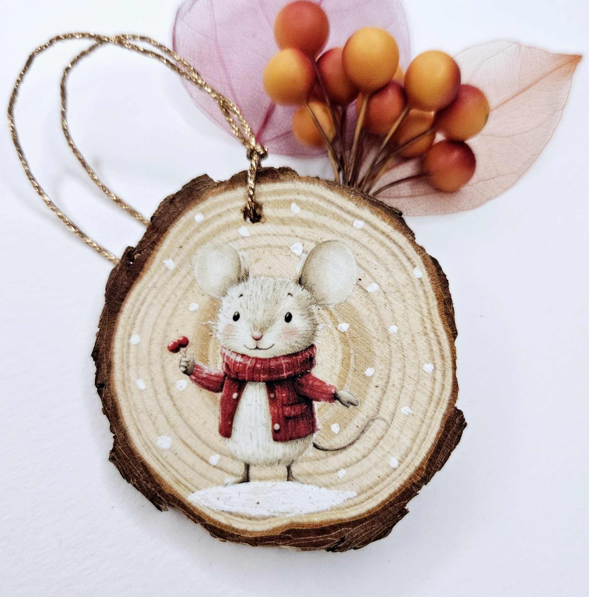 Wooden Christmas Wood Slice Mouse Ornament - Image 3