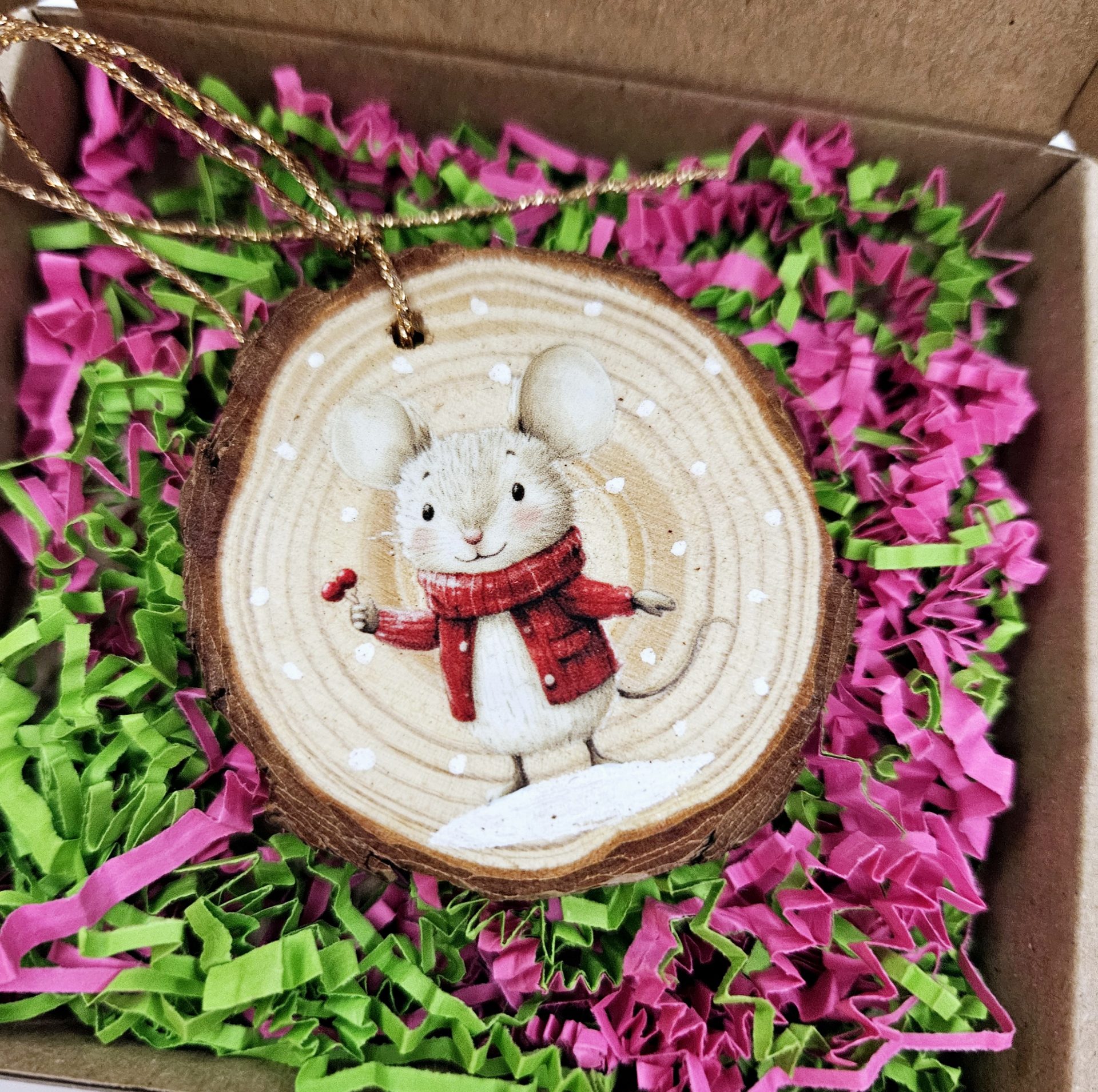 Wooden Christmas Wood Slice Mouse Ornament - Image 5