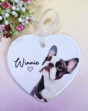Personalised Boston Terrier, Ceramic Heart Ornament