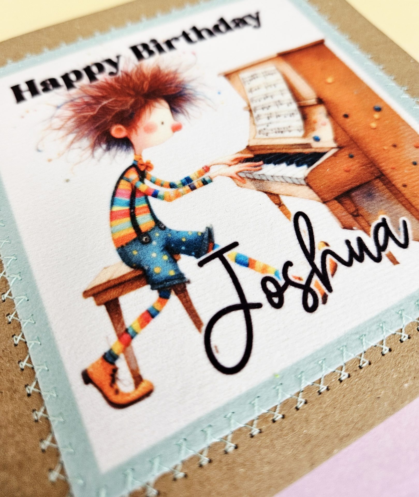 Personalised Pianist Birthday Card UK – Handmade Fabric-Stitched Music Greeting - Image 2