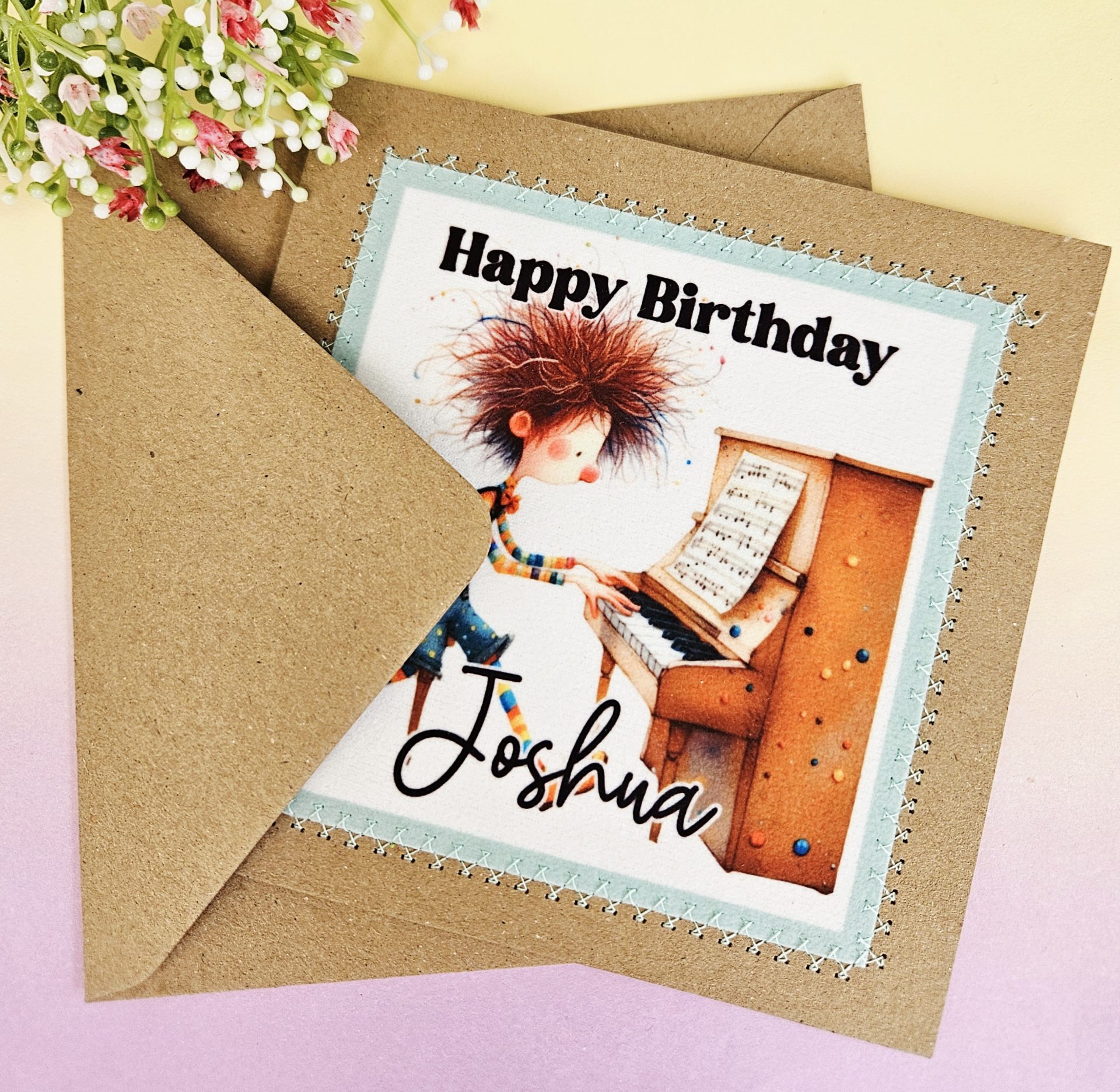 Personalised Pianist Birthday Card UK – Handmade Fabric-Stitched Music Greeting - Image 5