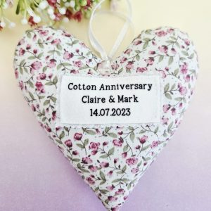 cotton anniversary gift personalised fabric heart with names and date