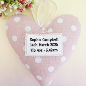 Personalised Baby Girl Keepsake: Custom Name & DOB Fabric Hanging Heart