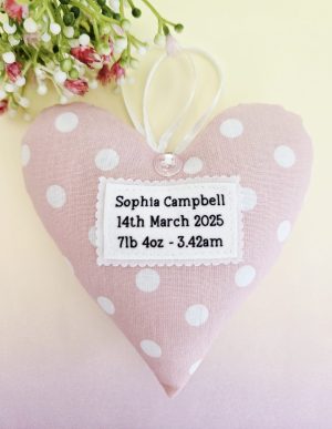 Personalised Baby Girl Keepsake: Custom Name & DOB Fabric Hanging Heart