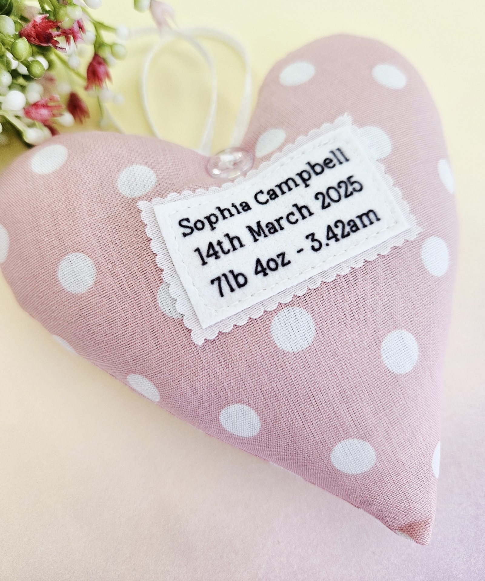 Personalised Baby Girl Keepsake: Custom Name & DOB Fabric Hanging Heart - Image 2