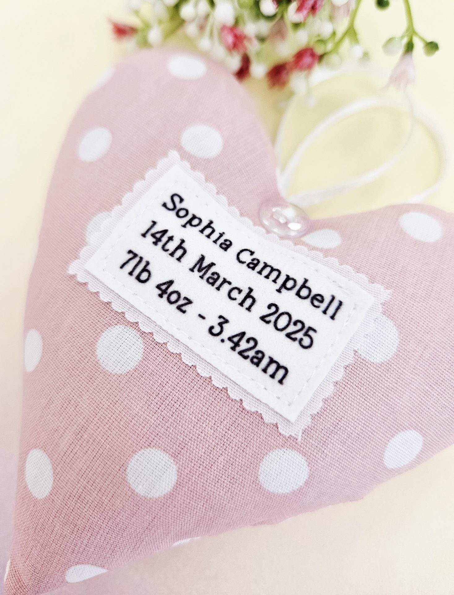 Personalised Baby Girl Keepsake: Custom Name & DOB Fabric Hanging Heart - Image 3