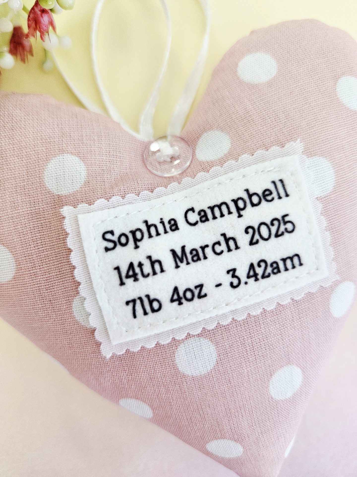 Personalised Baby Girl Keepsake: Custom Name & DOB Fabric Hanging Heart - Image 4