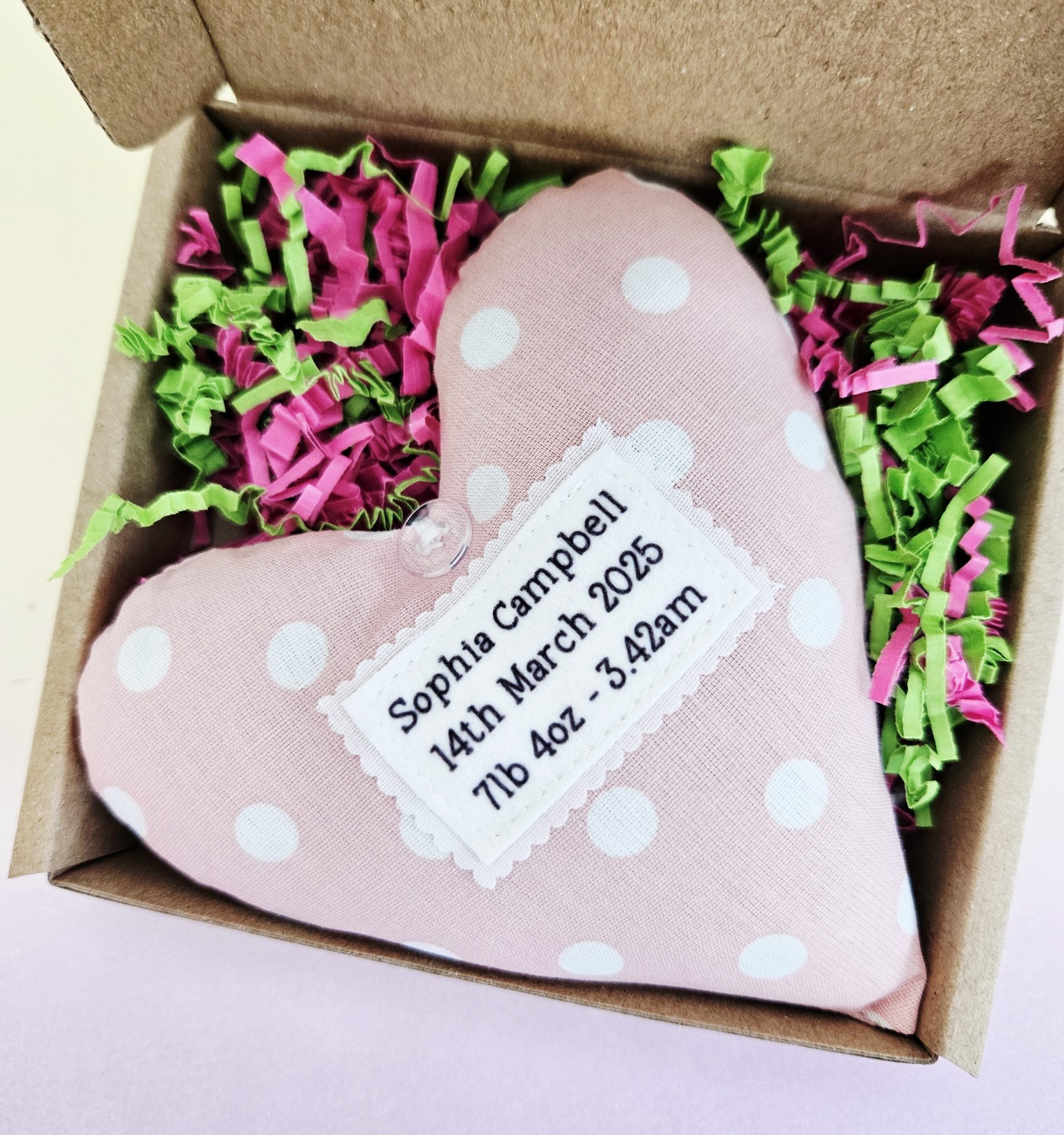 Personalised Baby Girl Keepsake: Custom Name & DOB Fabric Hanging Heart - Image 6