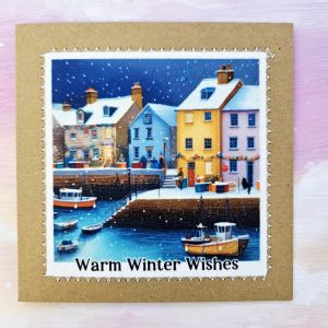 Snowy Harbour Christmas Card – Handmade Coastal Winter Greeting