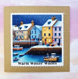 Snowy Harbour Christmas Card – Handmade Coastal Winter Greeting