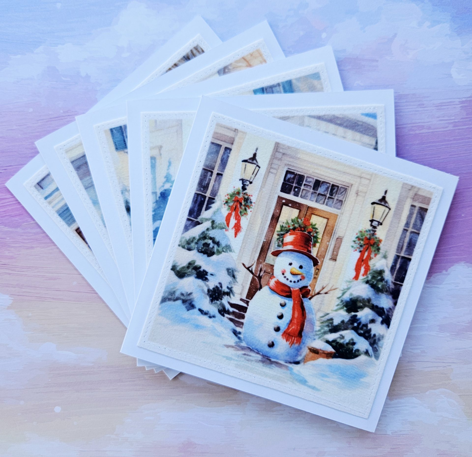 Handmade Christmas Card Set of 5 – Snowman & Winter House - Image 12