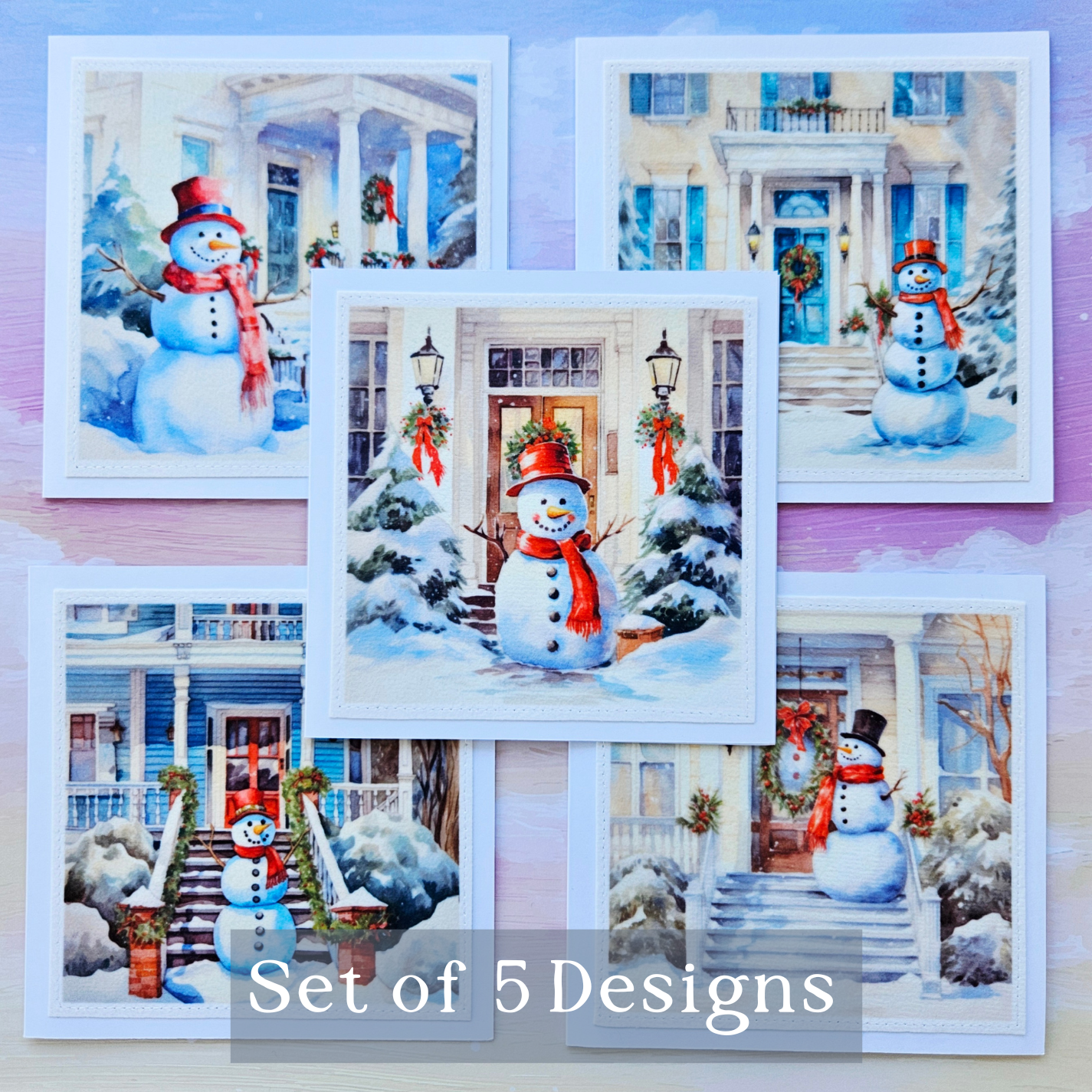 Handmade Christmas Card Set of 5 – Snowman & Winter House