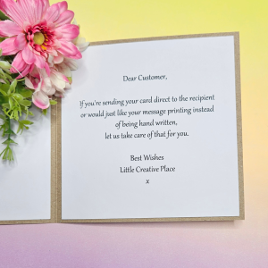 Example of personalised printed message inside stitched birthday card – handmade fabric cake design, perfect for gifting