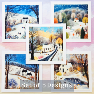 Handmade Snowy Cottage Christmas Cards – Set of 5 Winter Notelets, Cosy Cottages, Blank Festive Stationery