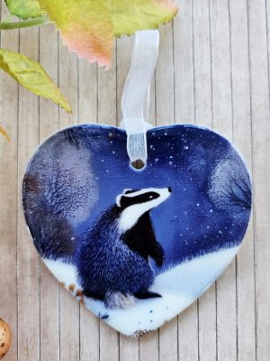 Badger Ceramic Heart Ornament – Woodland Winter Decoration