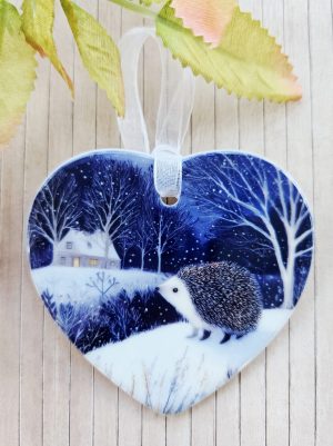 Hedgehog Ceramic Heart Ornament – Woodland Winter Decor