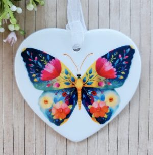 Ceramic Butterfly Heart Ornament – Meaningful Butterfly Gift, Colourful Floral Keepsake
