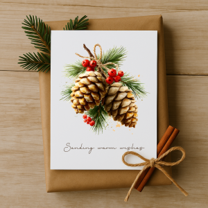 A6 Winter Greeting Card – Warm Woodland Pinecone Wishes