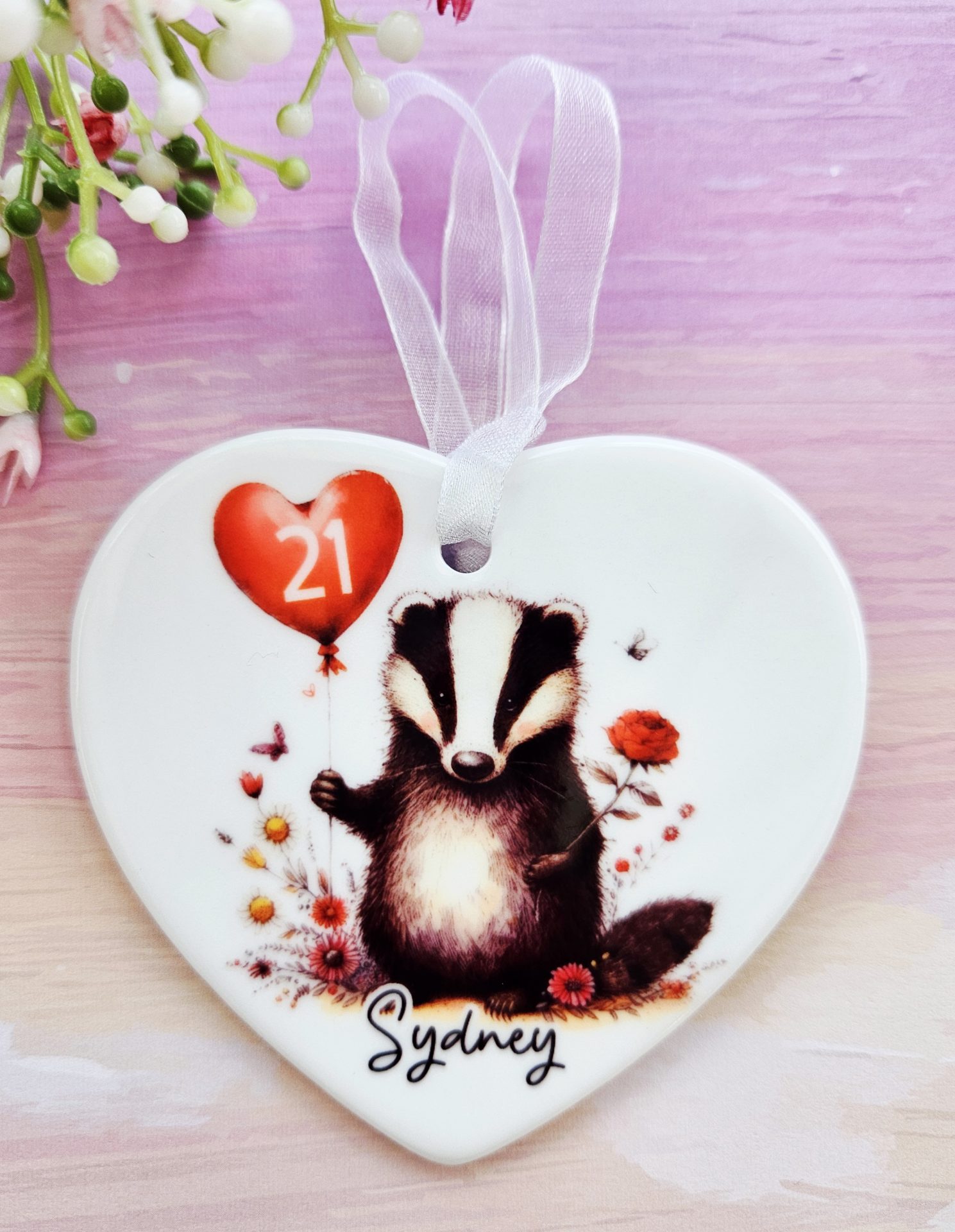 Personalised Badger Birthday Ceramic Heart Keepsake