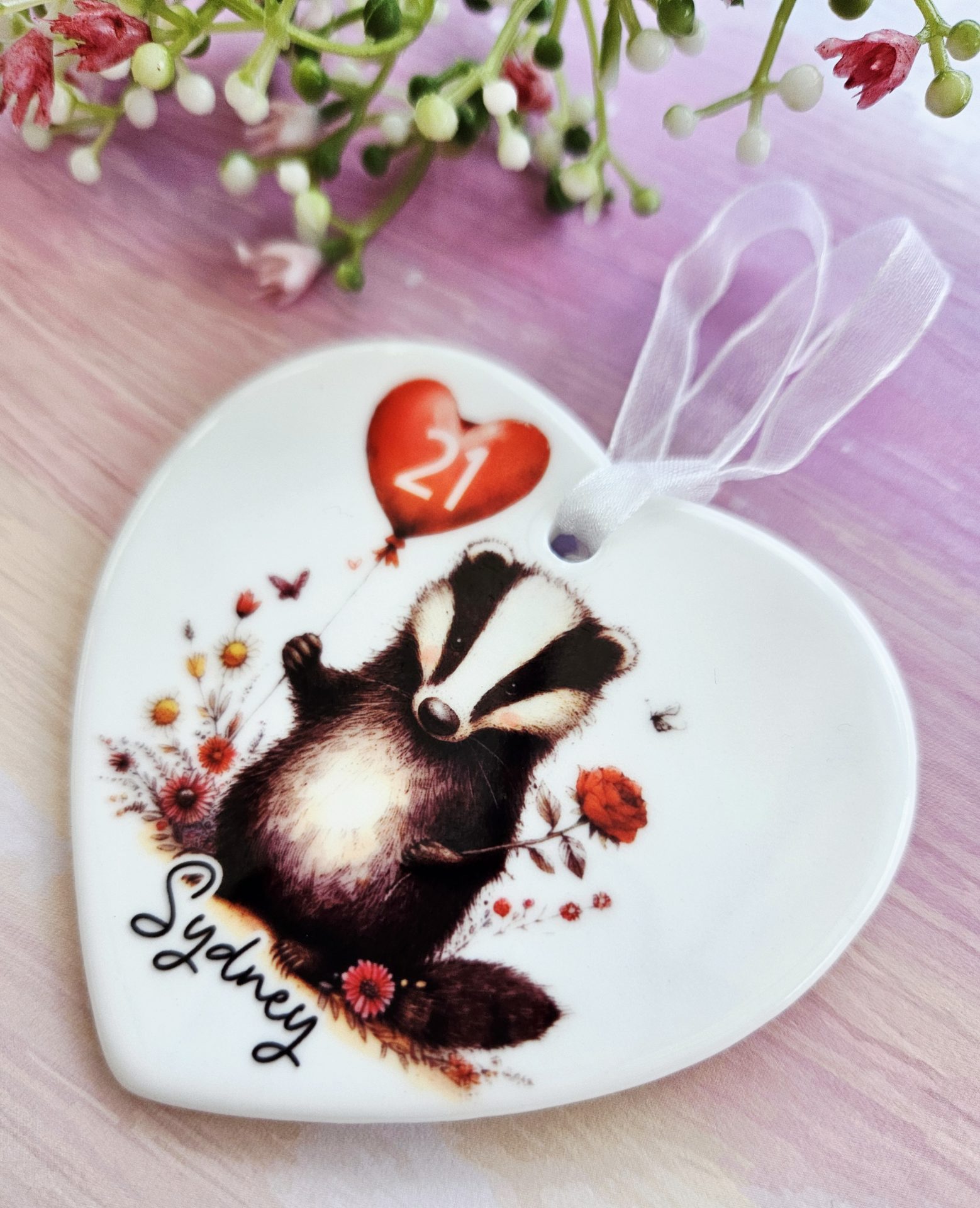 Personalised Badger Birthday Ceramic Heart Keepsake - Image 2